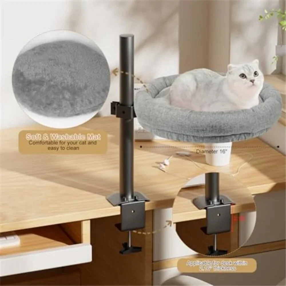 Cat Desk Bed Elevated Adjustable Height Rotating Indoor Cat Lounge Grey Up to 40